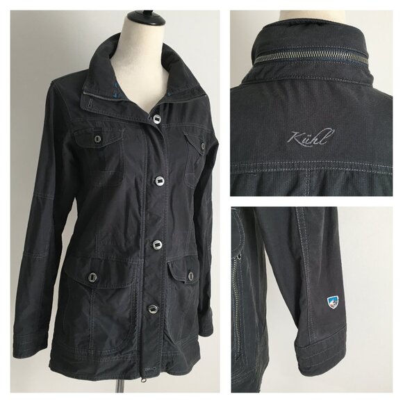 KUHL Dark Gray Zip Pockets Roll Up Hoodie Collar Logo Hardware Jacket - Picture 1 of 16